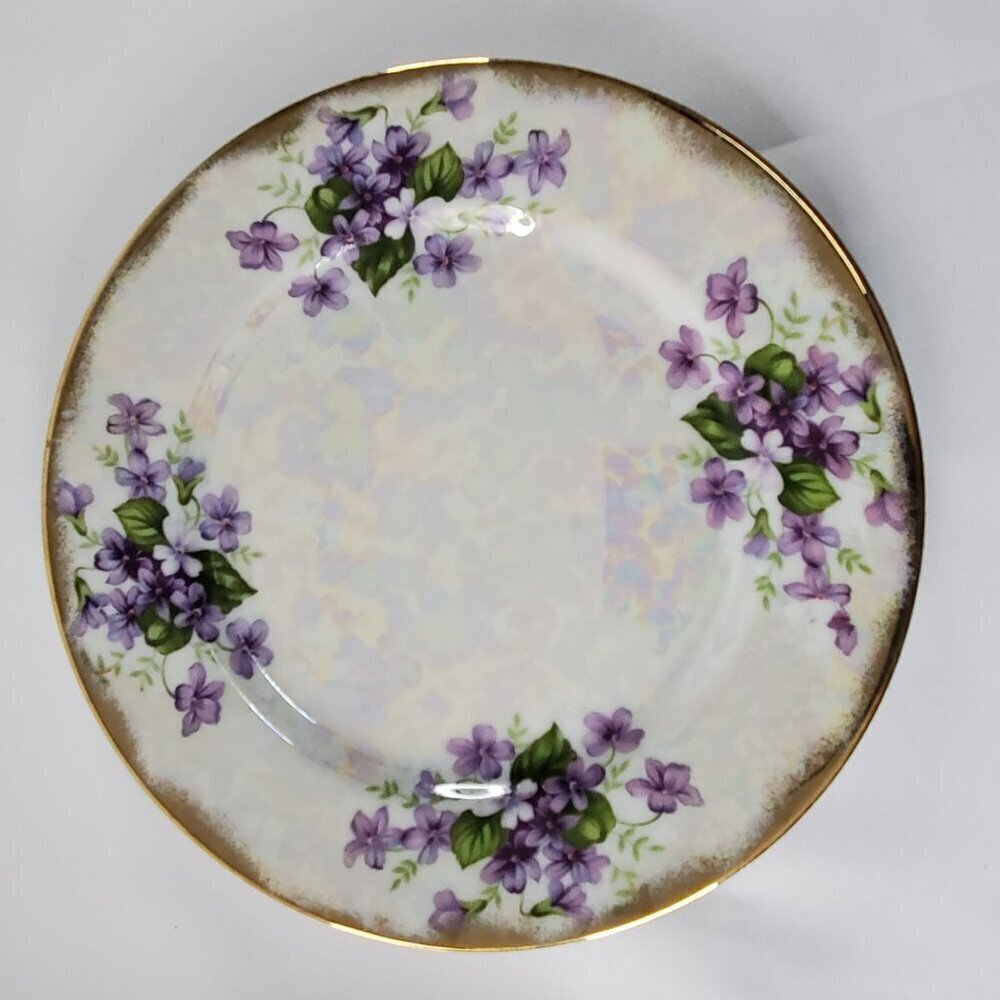 Ucagco Japan February Violet Flower Lusterware Plate 7.5" Porcelain Gold Rim